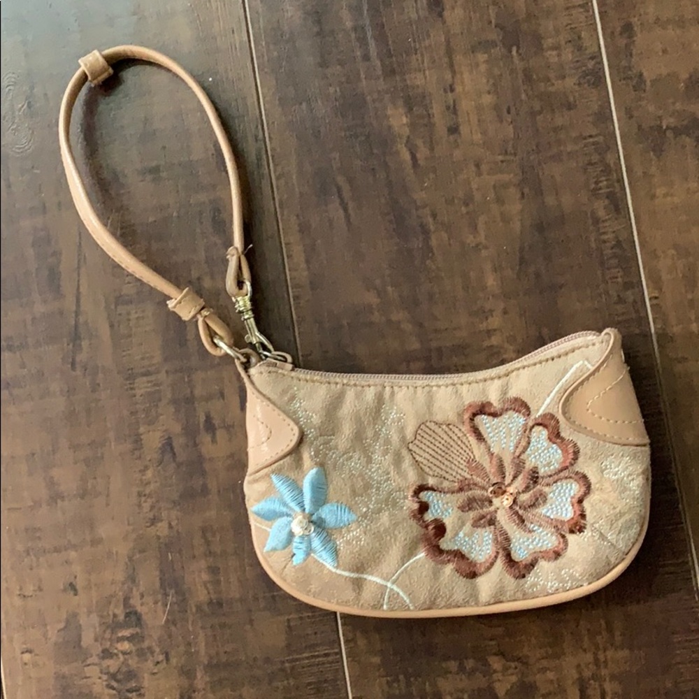 tan suede wristlet